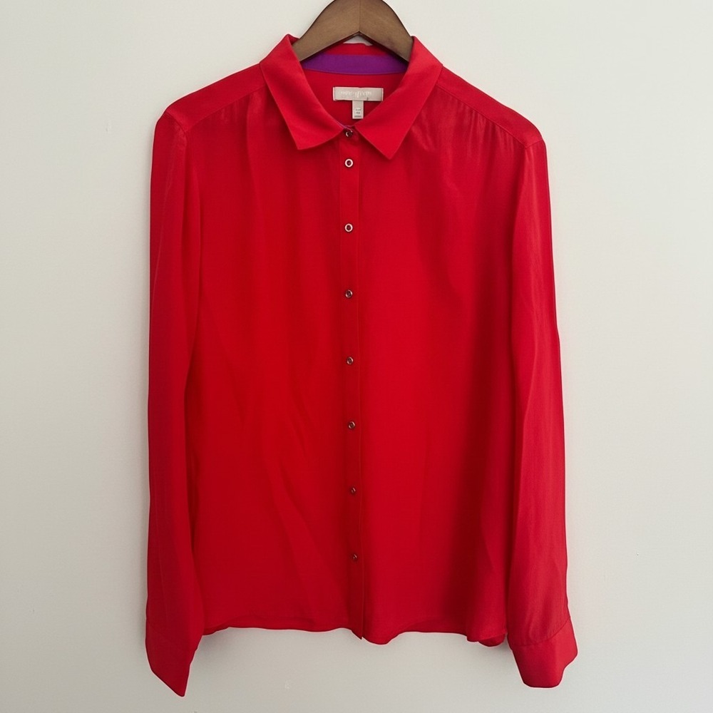Banana Republic Red Silk Button Down Blouse Purple Contrast Trim Gold Buttons XL